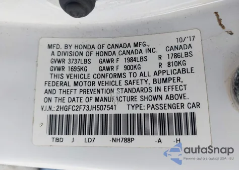 2018 Honda Civic Ex z USA, uszkodzony, nr VIN 2HGFC2F73JH507541